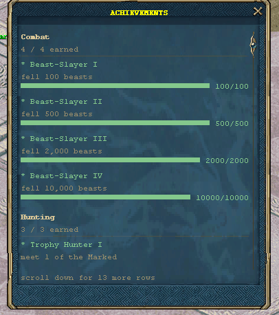 The Achievements panel: the Combat chain complete at 4 of 4, each rung showing its own progress bar