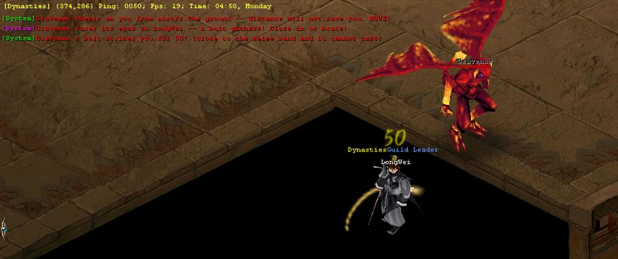 A Marked rare telegraphing: "Gravemaw wheels on you from across the ground — distance will not save you. MOVE!", then a bolt landing for 50