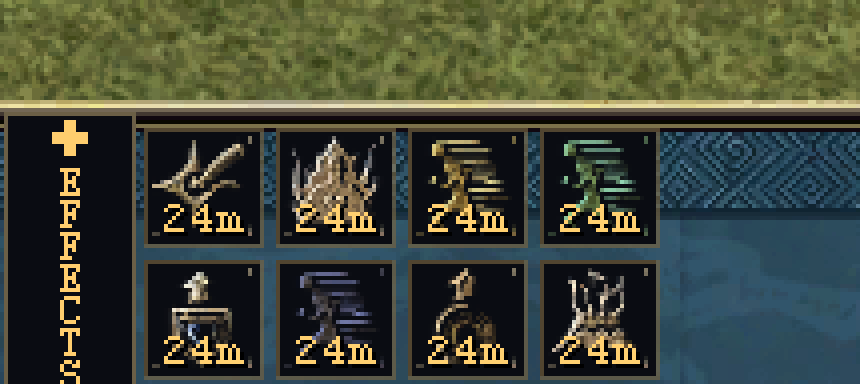The buff tray on the client dock: eight effects running, each with its own icon and a live countdown