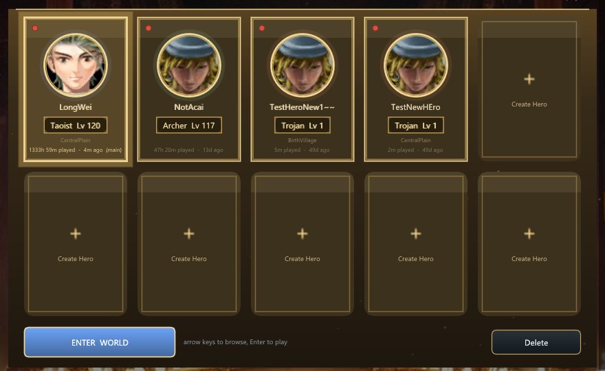 The Character Select screen: four heroes on an account, each card showing class, level, the map they logged out on and hours played