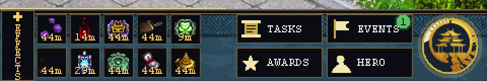 The custom dock: the Effects gutter, the buff tray, and the Tasks, Events, Awards and Hero buttons