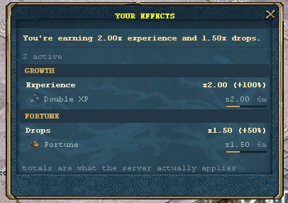 The Your Effects window: two lanes, Growth and Fortune, each showing the combined total and the individual buffs feeding it