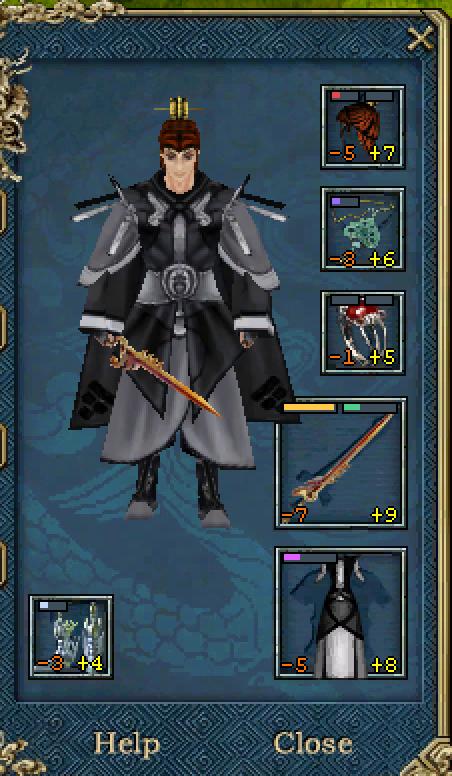 The equipment window: every worn piece showing its upgrade level, blessing and sockets