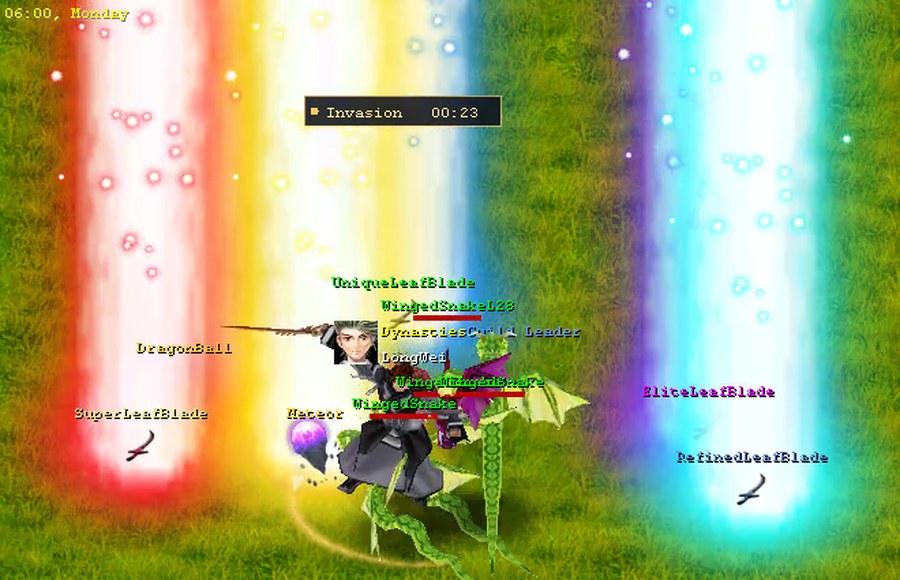 Four columns of coloured light rising from dropped loot, each beside its own coloured item name