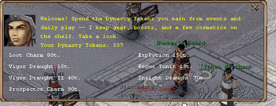 The Token Merchant's shop: a welcome line, your token balance, and seven things to spend it on