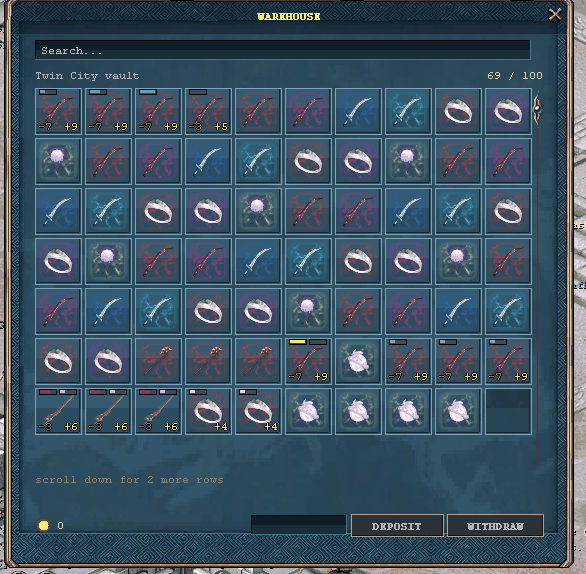 The vault panel: a searchable grid of 69 stored items, each cell showing its upgrade level, blessing and sockets, with the deposit and withdraw row underneath