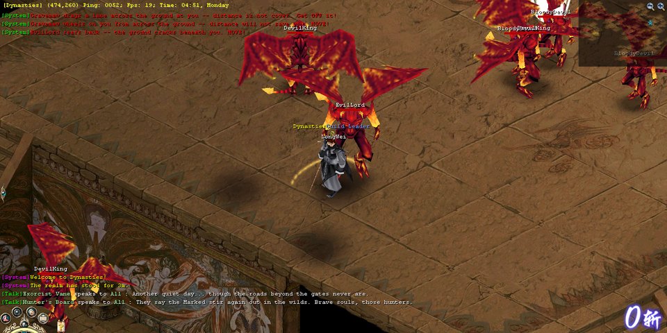 EvilLord abroad with its escort of DevilKings, mid-telegraph: "EvilLord rears back — the ground cracks beneath you. MOVE!"